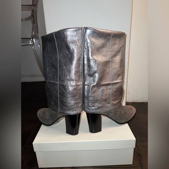 Chanel Grey Suede Metallic Fold-Over Interlocking CC Knee High Boots - Picture 8 of 10